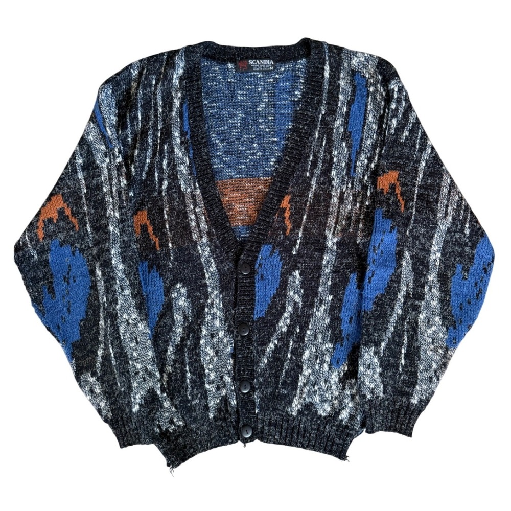 Vintage Scandia Abstract Knit Cardigan‎ Sweater Mens Medium Blue Black USA Made